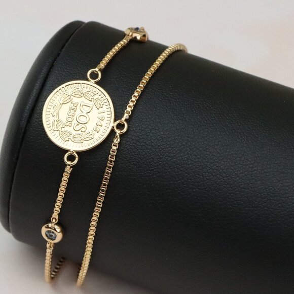 Vintage Coin Charm Rose Gold Bracelet with Dual Chain Design, XPBL0673 - Picture 1 of 12